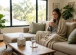 A woman with visible symptoms of illness sits on a beige sofa, wrapped in a heavy knit blanket. She is holding a steaming white mug with both hands. A box of tissues and a glass of water are positioned on a low wooden coffee table in front of her. Large windows in the background provide soft, natural daylight.
