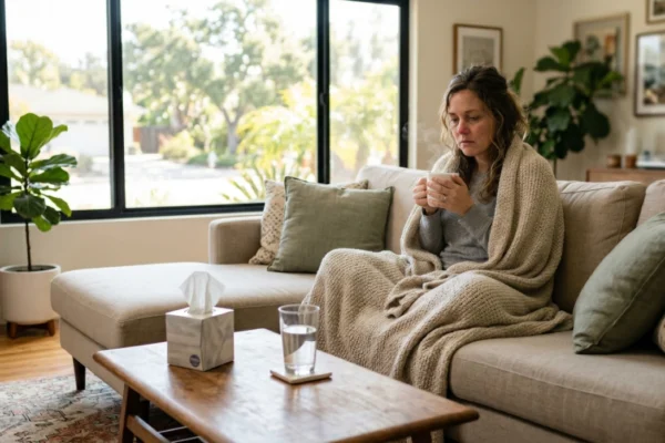 A woman with visible symptoms of illness sits on a beige sofa, wrapped in a heavy knit blanket. She is holding a steaming white mug with both hands. A box of tissues and a glass of water are positioned on a low wooden coffee table in front of her. Large windows in the background provide soft, natural daylight.