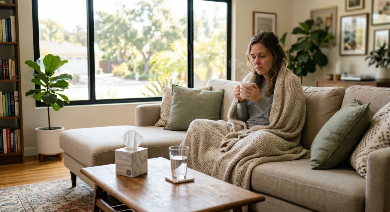 rest-and-hydration-basics-for-cold-treatment-at-home. A woman with visible symptoms of illness sits on a beige sofa, wrapped in a heavy knit blanket. She is holding a steaming white mug with both hands. A box of tissues and a glass of water are positioned on a low wooden coffee table in front of her. Large windows in the background provide soft, natural daylight.