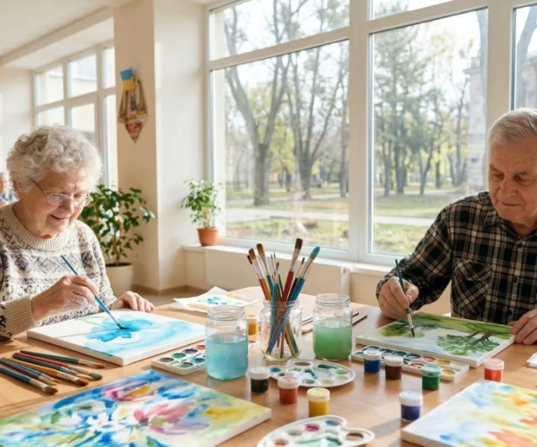 A medium shot of an elderly man and woman sitting at a long wooden table in a sun-drenched common room. They are focused on painting vibrant floral and landscape canvases with watercolors. The table is neatly organized with brushes in glass jars, water containers, and colorful paint palettes. Large floor-to-ceiling windows in the background reveal a park-like setting with trees. The lighting is bright and airy, emphasizing a calm and creative environment.