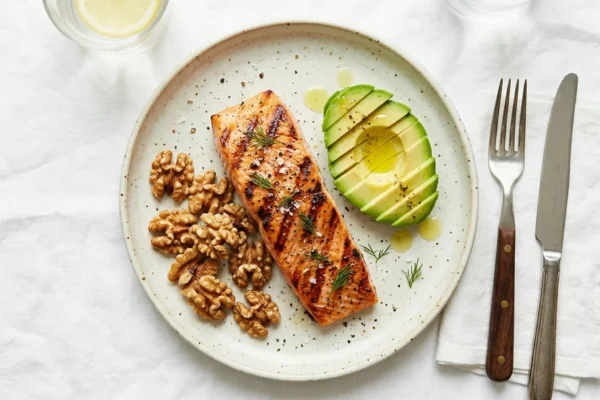 A top-down view shows a round plate with a grilled salmon fillet, a neat pile of walnuts, and sliced avocado half, set on a white textured tablecloth. Natural daylight from the left illuminates the scene. Two glasses with lemon water are top-left, and a wooden-handled fork and knife rest on a linen napkin to the right. The composition is clean and focused.
