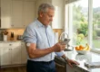 A three-quarter view of a senior man in a blue striped shirt standing in a well-lit, modern home kitchen. He is looking down at a smartphone held in his hands. A white continuous glucose monitor (CGM) sensor is clearly visible on his upper left arm. Natural light illuminates him from a window to his left. A bowl of fruit, a coffee maker, and other kitchen items are visible on the marble counter in the background. The pose is calm and attentive.
