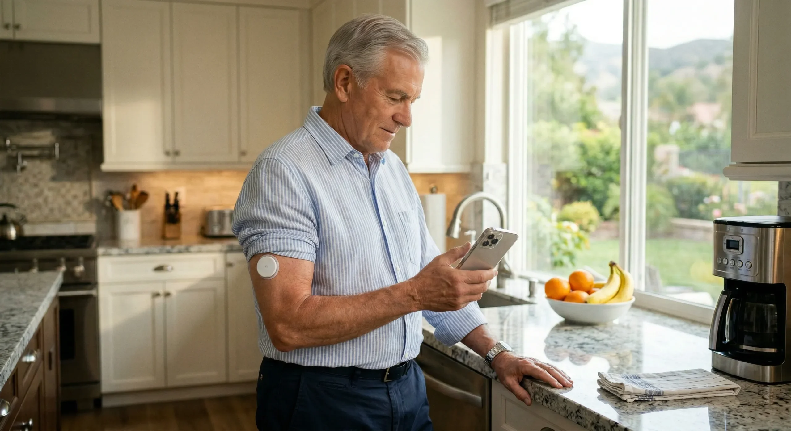 sugar-and-brain-health-senior-checking-glucose A three-quarter view of a senior man in a blue striped shirt standing in a well-lit, modern home kitchen. He is looking down at a smartphone held in his hands. A white continuous glucose monitor (CGM) sensor is clearly visible on his upper left arm. Natural light illuminates him from a window to his left. A bowl of fruit, a coffee maker, and other kitchen items are visible on the marble counter in the background. The pose is calm and attentive.