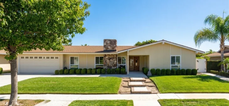 sunlit-suburban-ranch-house-with-stone-chimney-and-curated-curb-appeal A sun-drenched, frontal photograph of a meticulously maintained suburban ranch-style home under a clear, bright blue sky. The composition is horizontally oriented, showcasing the full width of the property. Bright, direct midday sun creates crisp, defined shadows, emphasizing the textures of the beige vertical siding and the rough-hewn, stacked-stone chimney that forms the central focal point. The foreground features a concrete sidewalk and a well-manicured green lawn, separated by a row of neatly trimmed, rounded boxwood hedges. Three stepping stones lead up a concrete pathway toward the main entrance, which features double wooden doors. To the left, a large deciduous tree provides a vertical counterpoint, while a palm tree stands to the right, balancing the frame. The house number "20822" is clearly visible in a small text plaque on the stone chimney next to the door. The overall impression is one of curated, orderly, and peaceful suburban life.