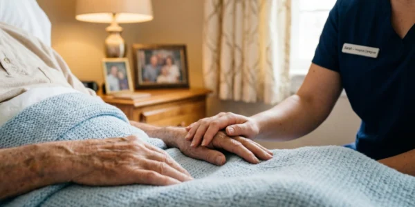 A close-up, shallow-focus shot of two hands joined in a supportive gesture. A younger hand rests gently atop an elderly patient’s hand on a textured light-blue blanket. The lighting is warm and soft, emanating from a classic bedside lamp. In the blurred background, wooden furniture holds framed family photographs. A visible name tag on the caregiver’s navy blue scrubs reads "Sarah – Hospice Caregiver."