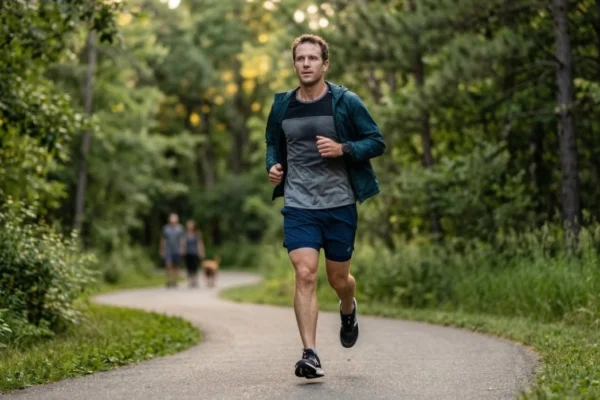 A centered, sharp-focus shot of a man in dark athletic wear running along a winding paved path in a lush forest park. The scene is bathed in warm, golden-hour light filtering through the trees, creating soft backlighting and long shadows. The composition captures the runner in mid-stride, emphasizing active lifestyle changes for cardiovascular disease prevention against a softly blurred green background.