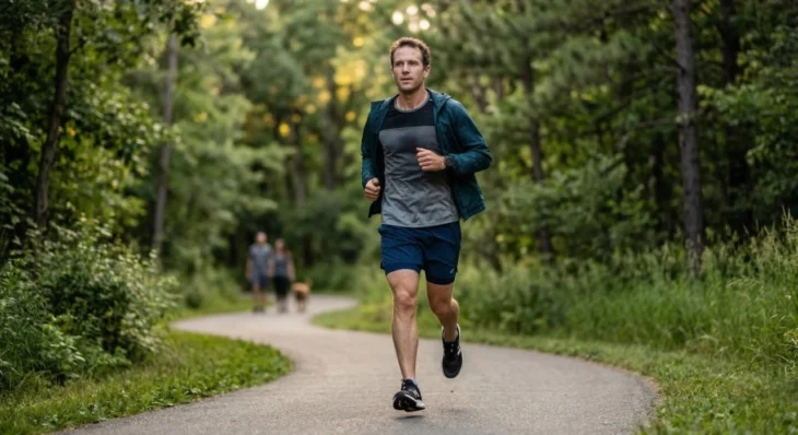A centered, sharp-focus shot of a man in dark athletic wear running along a winding paved path in a lush forest park. The scene is bathed in warm, golden-hour light filtering through the trees, creating soft backlighting and long shadows. The composition captures the runner in mid-stride, emphasizing active lifestyle changes for cardiovascular disease prevention against a softly blurred green background.