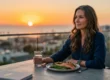 A vibrant, warm photographic landscape capturing a sophisticated woman in her late 40s enjoying an early dinner on a luxury balcony at sunset. The natural, glowing, golden-hour sunlight streams directly from the horizon over the ocean, backlighting the woman's hair and creating a soft, warm haze across the entire coastal cityscape. The composition follows the rule of thirds, with the woman sitting at a modern concrete table on the right side, balanced by the sun and ocean on the left. The lighting highlights the textures of the fresh grilled salmon and asparagus on her plate and the reflections in her water glass. A smartwatch on her wrist is clearly visible. The overall aesthetic is serene and optimized, reflecting healthy circadian alignment.