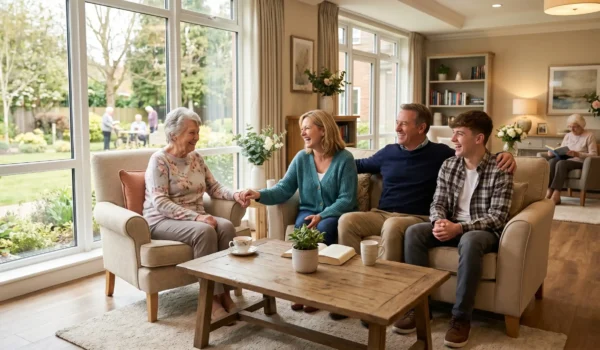 Warm sunlit common room of an assisted living community, where a smiling elderly woman holds hands with her adult daughter while her son-in-law and teenage grandson sit together on a beige sofa — natural light streaming through large garden-view windows, cozy neutral interior with wood accents and fresh flowers