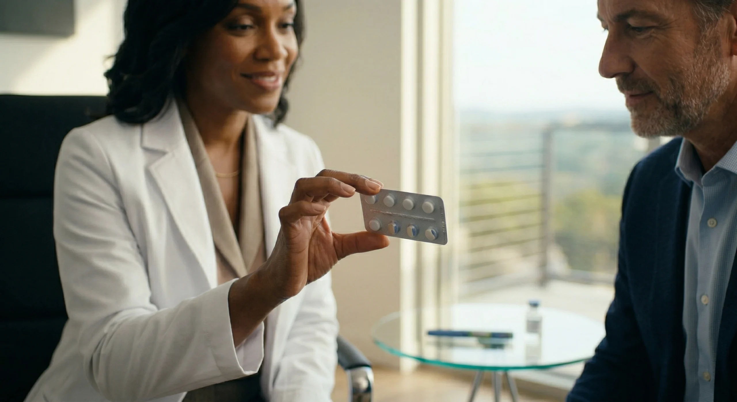 foundayo-glp-1-pill-westlake-concierge-doctor-consultation. A high-resolution, cinematic close-up with a shallow depth of field, focusing sharply on a doctor's hand holding a silver and clear blister pack of round white tablets. Soft, natural daylight illuminates the scene, casting a warm glow on the professional setting. In the soft-focus mid-ground, a male patient engages in conversation, while the deep background reveals a glass side table holding a blurred blue and green injection pen, visually contrasting the old method with the new oral treatment.