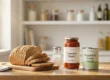 A bright, high-resolution horizontal shot featuring common pantry items on a wooden counter bathed in soft, natural morning sunlight streaming from a window. On the left, a sliced loaf of whole-wheat bread rests on a cutting board, leading the eye to a central glass salt shaker surrounded by scattered white grains. Beside it stands a glass jar with a label reading "Premium Tomato Sauce - Rich & Hearty" and a minimalist can labeled "Vegetable Soup" with a clear "Low Sodium" banner. The composition uses a shallow depth of field, emphasizing the crisp textures of the spilled salt and glass reflections against a blurred, airy kitchen background with clean white shelving.