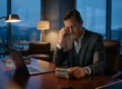 A cinematic mid-shot of a weary executive in a dark, luxury office at twilight. Warm, focused light from a sleek desk lamp on the left creates high contrast, highlighting the man's facial features and his hand rubbing his eye in a gesture of stress. The composition is centered, with the subject framed against large floor-to-ceiling windows showing cool-toned, blurred city lights and distant hills. On the polished mahogany desk, a digital blood pressure monitor emits a soft green glow from its interface, positioned next to a modern open laptop and a crystal glass of water. A blood pressure cuff is visible over the sleeve of his gray tailored suit, and a high-end metal-link watch reflects the warm lamplight.