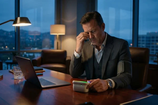A cinematic mid-shot of a weary executive in a dark, luxury office at twilight. Warm, focused light from a sleek desk lamp on the left creates high contrast, highlighting the man's facial features and his hand rubbing his eye in a gesture of stress. The composition is centered, with the subject framed against large floor-to-ceiling windows showing cool-toned, blurred city lights and distant hills. On the polished mahogany desk, a digital blood pressure monitor emits a soft green glow from its interface, positioned next to a modern open laptop and a crystal glass of water. A blood pressure cuff is visible over the sleeve of his gray tailored suit, and a high-end metal-link watch reflects the warm lamplight.