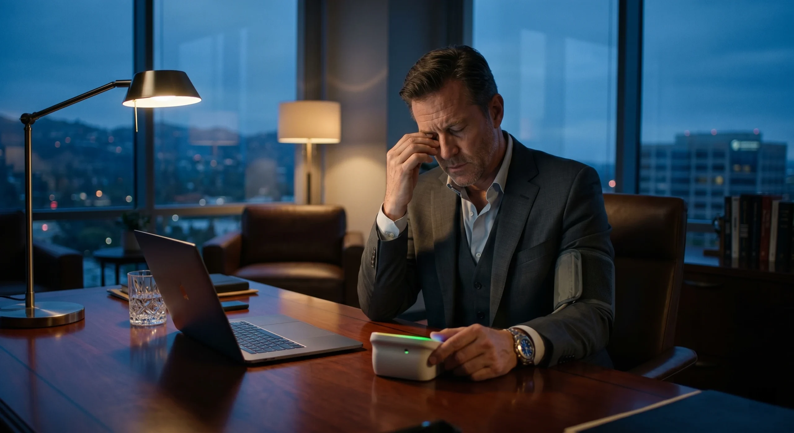 A cinematic mid-shot of a weary executive in a dark, luxury office at twilight. Warm, focused light from a sleek desk lamp on the left creates high contrast, highlighting the man's facial features and his hand rubbing his eye in a gesture of stress. The composition is centered, with the subject framed against large floor-to-ceiling windows showing cool-toned, blurred city lights and distant hills. On the polished mahogany desk, a digital blood pressure monitor emits a soft green glow from its interface, positioned next to a modern open laptop and a crystal glass of water. A blood pressure cuff is visible over the sleeve of his gray tailored suit, and a high-end metal-link watch reflects the warm lamplight.