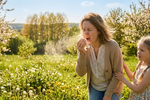 A candid medium shot in natural, warm backlight, showing a woman sneezing forcefully with closed eyes and mouth wide open, her right hand pressing a white tissue to her nose. A fine, backlit cloud of airborne particles and droplets explodes from her nose and mouth into the sunlit air. To her right, a young girl with pigtails, wearing a floral dress, has an expression of concern and is holding the woman's arm. The setting is a sun-drenched field filled with green grass, yellow dandelions, and white-flowering orchard trees, set against a distant forest line and a blue sky with soft clouds.