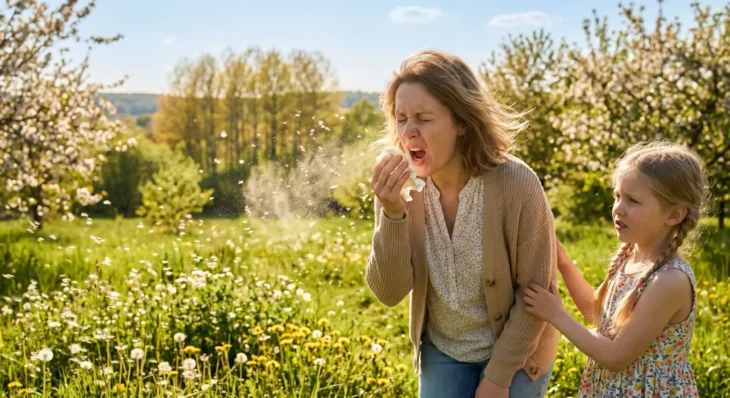 mother-daughter-outdoor-symptoms-seasonal-allergies A candid medium shot in natural, warm backlight, showing a woman sneezing forcefully with closed eyes and mouth wide open, her right hand pressing a white tissue to her nose. A fine, backlit cloud of airborne particles and droplets explodes from her nose and mouth into the sunlit air. To her right, a young girl with pigtails, wearing a floral dress, has an expression of concern and is holding the woman's arm. The setting is a sun-drenched field filled with green grass, yellow dandelions, and white-flowering orchard trees, set against a distant forest line and a blue sky with soft clouds.