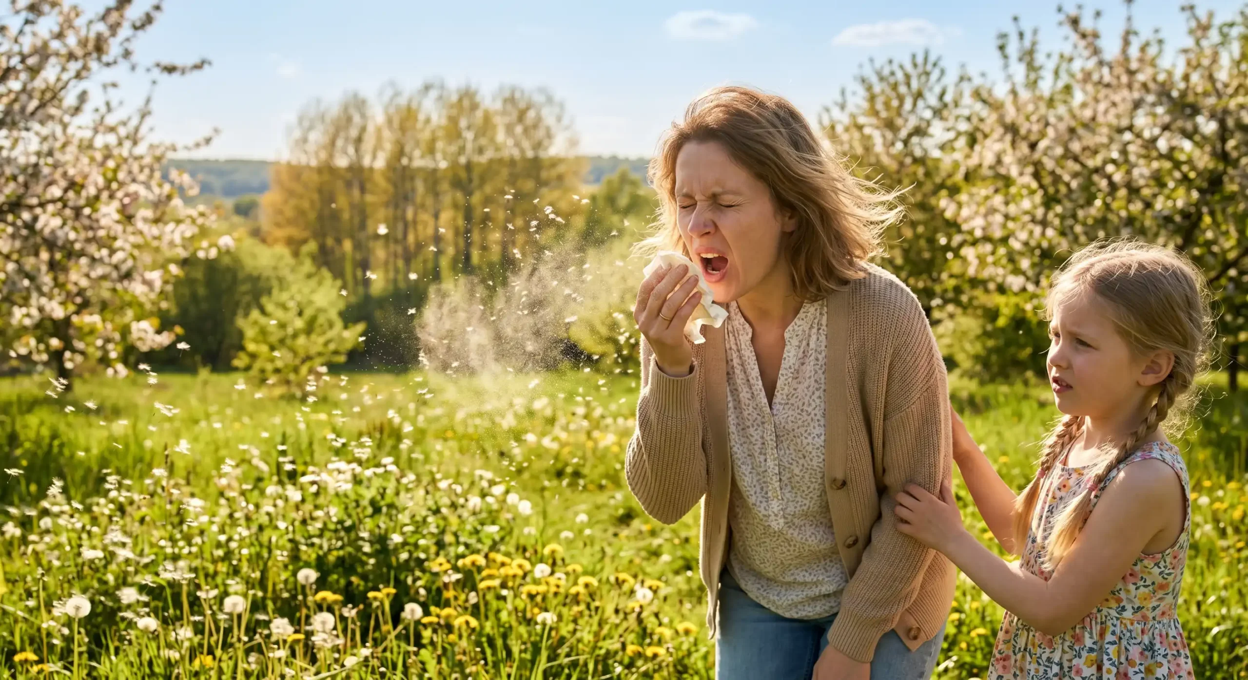 mother-daughter-outdoor-symptoms-seasonal-allergies A candid medium shot in natural, warm backlight, showing a woman sneezing forcefully with closed eyes and mouth wide open, her right hand pressing a white tissue to her nose. A fine, backlit cloud of airborne particles and droplets explodes from her nose and mouth into the sunlit air. To her right, a young girl with pigtails, wearing a floral dress, has an expression of concern and is holding the woman's arm. The setting is a sun-drenched field filled with green grass, yellow dandelions, and white-flowering orchard trees, set against a distant forest line and a blue sky with soft clouds.