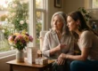 A cinematic mid-shot capturing a tender moment in a sun-drenched living room during the golden hour. A mature woman with silver hair sits thoughtfully in an armchair, gazing out a large window at a blooming rose garden, while a younger woman leans in closely, resting a supportive hand on her arm. In the foreground, a soft-focus wooden table holds a vibrant spring bouquet and a white greeting card with the visible text "Mother's Day" next to a small gift box. The composition uses a shallow depth of field, with warm, ethereal light creating gentle highlights on their faces and a serene, empathetic atmosphere.