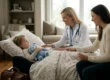Soft, airy natural light from a large window illuminates this medium-shot composition. A blonde female physician in a crisp white medical coat is positioned centrally, leaning toward a young child resting in a beige patterned bed on the left. To the right, a mother in a neutral-toned sweater is captured in profile, completing a balanced triangular arrangement. The scene features a shallow depth of field, softly blurring a modern bookshelf in the background. The color palette is dominated by warm creams and muted greys, with sharp contrast provided by the doctor's white coat and the bright blue of a plush teddy bear held by the child.