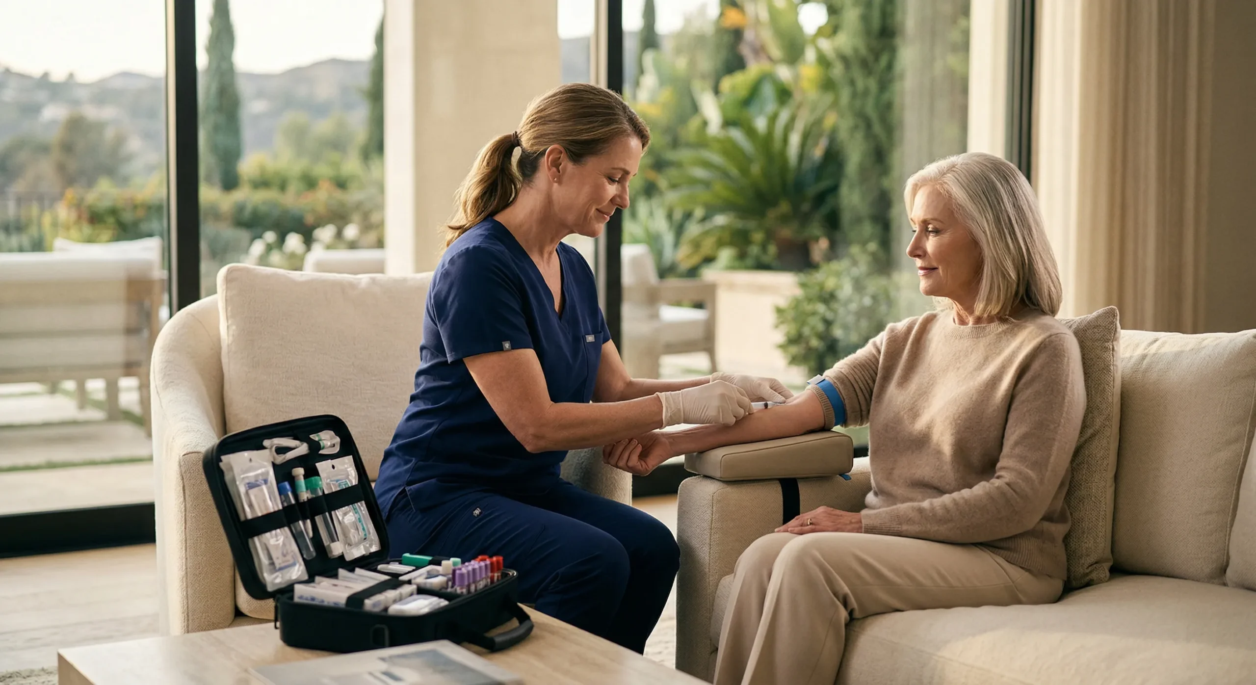 professional-phlebotomy-for-at-home-lab-testing-westlake-village. A side-profile, medium-shot composition bathed in soft, diffused natural light from large glass doors. A healthcare professional in deep navy scrubs and white gloves is focused on performing a blood draw on a senior woman seated on a neutral-toned sofa. The lighting creates a warm, airy atmosphere, highlighting the textures of the patient's knit sweater and the professional medical kit in the foreground. The sharp focus captures the organized black medical bag filled with sterile-wrapped supplies and color-coded collection tubes with purple and red caps. The background features a gentle bokeh effect of a sun-drenched patio and lush greenery, emphasizing a calm and premium clinical environment.