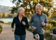 Cinematic wide-angle shot captured during the warm "golden hour," featuring a senior couple jogging with vibrant energy along a paved lakeside path. The composition uses a shallow depth of field, softly blurring the lush greenery and hills of Westlake Village in the background. The low-angle sunlight creates a glowing rim light around the subjects, highlighting their joyful expressions. The man, dressed in a grey athletic zip-up, features a subtle, futuristic circular silver patch on his right knee, symbolizing the treatment. In the lower right corner, a black medical-grade bag sits on a wooden park bench with the white text "ARPA-H" clearly visible on its side.