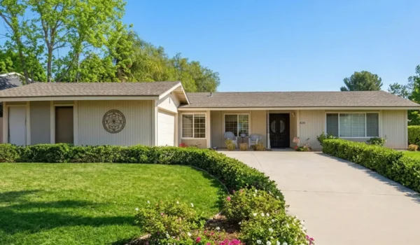 A wide-angle, sun-drenched photograph of a single-story California-style ranch home under a clear blue sky. The composition is horizontally balanced, with a large, manicured green lawn dominating the foreground. An inviting, curved concrete driveway leads the eye from the foreground towards the central front door. The house has light-cream siding, a dark-wood double front door with decorative paneling, and a distinct, large, circular metal wall art piece mounted on the facade. Neat, low-trimmed box hedges frame the lawn and driveway. The scene is flanked by mature trees and two large, prominent palm tree trunks on the far right. Wicker patio chairs and a small table are arranged on the front porch near the door. To the right of the dark front door, the address number "820" is affixed to the wall in simple, dark numerals. The bright, direct natural sunlight casts crisp, defined shadows from the trees and hedges across the lawn and driveway. The atmosphere is peaceful and inviting.