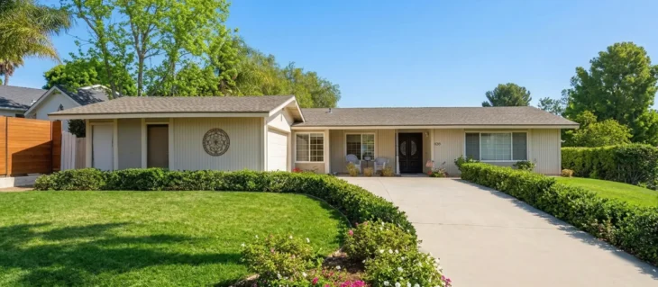 senior-care-assistance-cottage-one-home-exterior. A wide-angle, sun-drenched photograph of a single-story California-style ranch home under a clear blue sky. The composition is horizontally balanced, with a large, manicured green lawn dominating the foreground. An inviting, curved concrete driveway leads the eye from the foreground towards the central front door. The house has light-cream siding, a dark-wood double front door with decorative paneling, and a distinct, large, circular metal wall art piece mounted on the facade. Neat, low-trimmed box hedges frame the lawn and driveway. The scene is flanked by mature trees and two large, prominent palm tree trunks on the far right. Wicker patio chairs and a small table are arranged on the front porch near the door. To the right of the dark front door, the address number "820" is affixed to the wall in simple, dark numerals. The bright, direct natural sunlight casts crisp, defined shadows from the trees and hedges across the lawn and driveway. The atmosphere is peaceful and inviting.