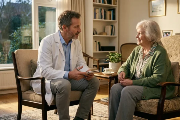 A male doctor in a white coat sits in a sunlit living room, leaning forward to talk with an elderly woman seated in a floral armchair. He holds a pen and a small notepad. Warm afternoon sunlight streams through a large window, casting soft glows. The background features bookshelves and framed pictures, creating a calm, domestic atmosphere.