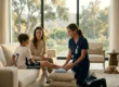 A high-resolution, cinematic medical photograph featuring a board-certified pediatrician in navy blue scrubs kneeling in a sun-drenched, upscale Westlake Village living room. The lighting is warm and natural, diffused through expansive glass walls that showcase a verdant landscape. The composition focuses on the physician’s expert hands gently stabilizing the ankle of a young boy in a white soccer uniform, whose leg is propped on ivory pillows. A mother watches from the sofa with a subtle, reassured smile, while a medical bag and a resting golden retriever complete the domestic setting. The image communicates clinical authority within a safe, premium home environment.