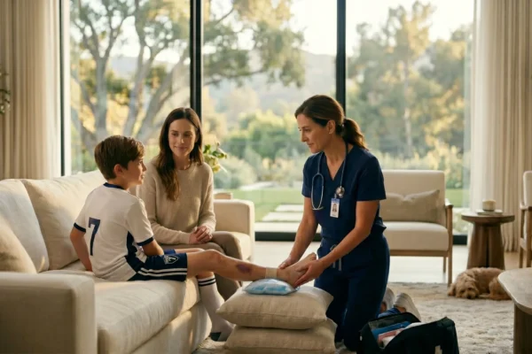 A high-resolution, cinematic medical photograph featuring a board-certified pediatrician in navy blue scrubs kneeling in a sun-drenched, upscale Westlake Village living room. The lighting is warm and natural, diffused through expansive glass walls that showcase a verdant landscape. The composition focuses on the physician’s expert hands gently stabilizing the ankle of a young boy in a white soccer uniform, whose leg is propped on ivory pillows. A mother watches from the sofa with a subtle, reassured smile, while a medical bag and a resting golden retriever complete the domestic setting. The image communicates clinical authority within a safe, premium home environment.