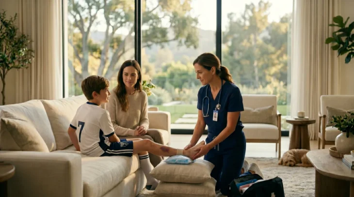sports-pediatrician-westlake-village-home-visit-pediatric-injury-care. A high-resolution, cinematic medical photograph featuring a board-certified pediatrician in navy blue scrubs kneeling in a sun-drenched, upscale Westlake Village living room. The lighting is warm and natural, diffused through expansive glass walls that showcase a verdant landscape. The composition focuses on the physician’s expert hands gently stabilizing the ankle of a young boy in a white soccer uniform, whose leg is propped on ivory pillows. A mother watches from the sofa with a subtle, reassured smile, while a medical bag and a resting golden retriever complete the domestic setting. The image communicates clinical authority within a safe, premium home environment.