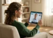 An over-the-shoulder shot of a woman in a green sweater sitting in a neutral-toned armchair. She is holding a large tablet displaying a professional video call interface titled "Doctor's Portal," featuring a middle-aged male doctor with a stethoscope. The room is filled with warm, diffused indoor light, with a blurred background of bookshelves and a bright window, emphasizing a comfortable and private home medical consultation.