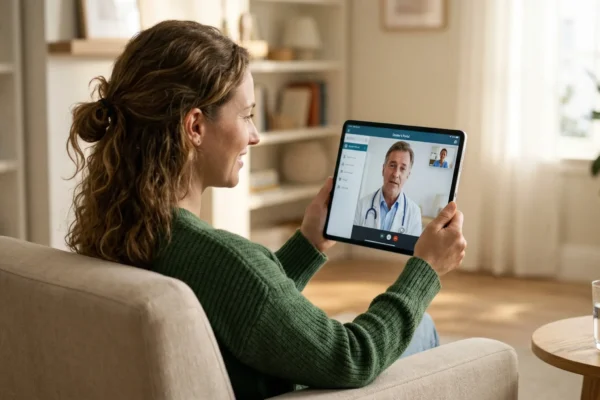 An over-the-shoulder shot of a woman in a green sweater sitting in a neutral-toned armchair. She is holding a large tablet displaying a professional video call interface titled "Doctor's Portal," featuring a middle-aged male doctor with a stethoscope. The room is filled with warm, diffused indoor light, with a blurred background of bookshelves and a bright window, emphasizing a comfortable and private home medical consultation.