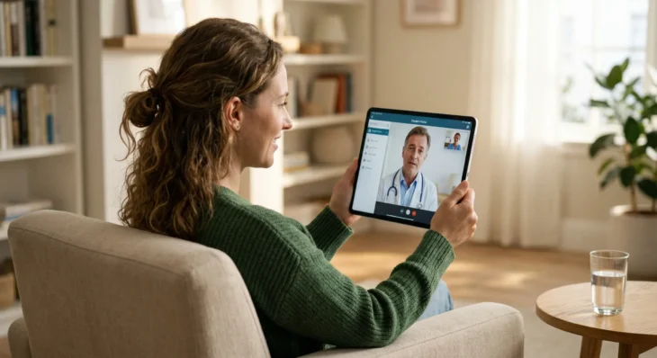 woman-using-tablet-for-telehealth-doctor-appointment. An over-the-shoulder shot of a woman in a green sweater sitting in a neutral-toned armchair. She is holding a large tablet displaying a professional video call interface titled "Doctor's Portal," featuring a middle-aged male doctor with a stethoscope. The room is filled with warm, diffused indoor light, with a blurred background of bookshelves and a bright window, emphasizing a comfortable and private home medical consultation.