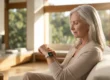 Cinematic golden hour lighting illuminating a balanced, centered composition of a serene silver-haired senior woman in a modern, sun-drenched living room. She is looking down at a sleek smartwatch on her wrist, which prominently displays a bright green, glowing heart-rhythm ECG line on a dark digital screen, set against a softly blurred background of large windows and warm wood accents.