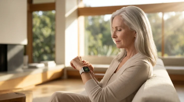 afib-monitoring-at-home-senior-smartwatch-ecg Cinematic golden hour lighting illuminating a balanced, centered composition of a serene silver-haired senior woman in a modern, sun-drenched living room. She is looking down at a sleek smartwatch on her wrist, which prominently displays a bright green, glowing heart-rhythm ECG line on a dark digital screen, set against a softly blurred background of large windows and warm wood accents.