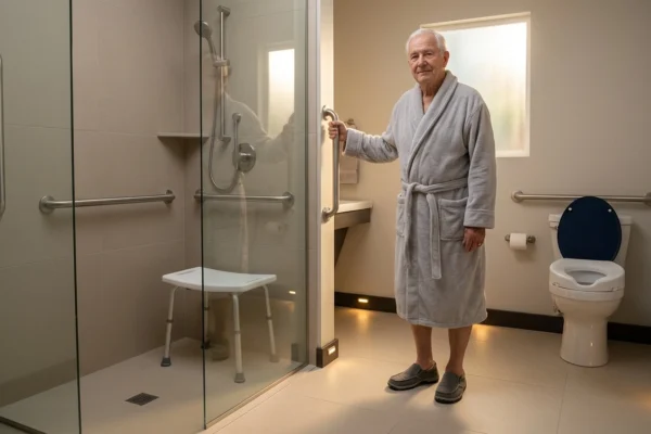 A wide-angle architectural composition bathed in soft, diffused morning sunlight filtering through a frosted window on the right. The warm, cinematic lighting casts gentle, realistic shadows across matte beige floor tiles, complemented by subtle amber motion-sensor LED lighting along the baseboards. Positioned slightly right of center to balance the frame, a dignified elderly man in a textured light gray bathrobe and non-slip slippers maintains a natural, stable posture. His right hand is securely gripping a vertically mounted, brushed nickel wall support. To the left, a glass-enclosed zero-threshold shower stall contains a white, medical-grade shower bench and horizontal metal supports. To the right, a white comfort-height toilet is visually anchored by a high-contrast dark blue lid. The overall aesthetic is highly detailed, premium, and structurally realistic, with no visible text or branding on any objects or surfaces.