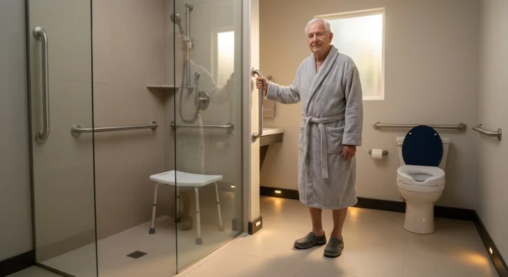 bathroom-safety-equipment-elderly-shower-seat-grab-bars. A wide-angle architectural composition bathed in soft, diffused morning sunlight filtering through a frosted window on the right. The warm, cinematic lighting casts gentle, realistic shadows across matte beige floor tiles, complemented by subtle amber motion-sensor LED lighting along the baseboards. Positioned slightly right of center to balance the frame, a dignified elderly man in a textured light gray bathrobe and non-slip slippers maintains a natural, stable posture. His right hand is securely gripping a vertically mounted, brushed nickel wall support. To the left, a glass-enclosed zero-threshold shower stall contains a white, medical-grade shower bench and horizontal metal supports. To the right, a white comfort-height toilet is visually anchored by a high-contrast dark blue lid. The overall aesthetic is highly detailed, premium, and structurally realistic, with no visible text or branding on any objects or surfaces.