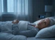 A cinematic, low-key shot of a senior woman lying wide awake in a high-end, minimalist bedroom. The composition uses a medium-angle perspective, with the subject positioned slightly off-center on crisp white linens. Atmospheric, cool blue light filters from a window, creating deep, moody shadows and highlighting the detailed textures of the fabric. In the soft-focus background, a digital alarm clock displays the sharp, illuminated text "3:14", emphasizing the late hour. The overall aesthetic is clinical yet sophisticated, capturing a quiet sense of nighttime isolation.