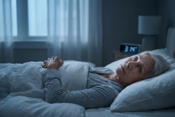A cinematic, low-key shot of a senior woman lying wide awake in a high-end, minimalist bedroom. The composition uses a medium-angle perspective, with the subject positioned slightly off-center on crisp white linens. Atmospheric, cool blue light filters from a window, creating deep, moody shadows and highlighting the detailed textures of the fabric. In the soft-focus background, a digital alarm clock displays the sharp, illuminated text "3:14", emphasizing the late hour. The overall aesthetic is clinical yet sophisticated, capturing a quiet sense of nighttime isolation.