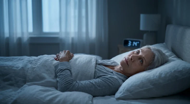 cbt-sleep-disturbances-insomnia-senior-woman-night A cinematic, low-key shot of a senior woman lying wide awake in a high-end, minimalist bedroom. The composition uses a medium-angle perspective, with the subject positioned slightly off-center on crisp white linens. Atmospheric, cool blue light filters from a window, creating deep, moody shadows and highlighting the detailed textures of the fabric. In the soft-focus background, a digital alarm clock displays the sharp, illuminated text "3:14", emphasizing the late hour. The overall aesthetic is clinical yet sophisticated, capturing a quiet sense of nighttime isolation.