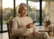 Medium-wide composition featuring an older woman seated in a mid-century modern armchair within an architecturally clean living room. Warm, golden hour sunlight streams through large floor-to-ceiling windows on the left, casting soft, natural, and highly realistic shadows across her beige knit sweater. The depth of field is shallow, elegantly blurring the background to draw sharp focus to her calm facial expression and her hands. Clipped to her index finger is a black digital pulse oximeter displaying bright red digital numbers on its small screen, serving as the functional focal point of the warm, cinematic shot.