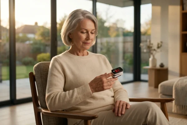 Medium-wide composition featuring an older woman seated in a mid-century modern armchair within an architecturally clean living room. Warm, golden hour sunlight streams through large floor-to-ceiling windows on the left, casting soft, natural, and highly realistic shadows across her beige knit sweater. The depth of field is shallow, elegantly blurring the background to draw sharp focus to her calm facial expression and her hands. Clipped to her index finger is a black digital pulse oximeter displaying bright red digital numbers on its small screen, serving as the functional focal point of the warm, cinematic shot.