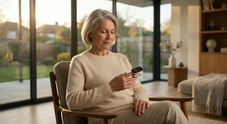 Medium-wide composition featuring an older woman seated in a mid-century modern armchair within an architecturally clean living room. Warm, golden hour sunlight streams through large floor-to-ceiling windows on the left, casting soft, natural, and highly realistic shadows across her beige knit sweater. The depth of field is shallow, elegantly blurring the background to draw sharp focus to her calm facial expression and her hands. Clipped to her index finger is a black digital pulse oximeter displaying bright red digital numbers on its small screen, serving as the functional focal point of the warm, cinematic shot.