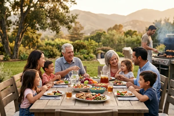 A cinematic, wide-angle composition illuminated by warm golden-hour sunlight casting a soft glow across a wooden outdoor dining table. The image features a layered depth of field, keeping the seated family and fresh food in sharp focus, while a figure operating a BBQ grill in the midground and the rolling mountainous background fade into a softly blurred bokeh.
