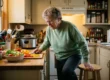 A medium-range, side-angle composition showing an elderly person in a green sweater leaning with visible physical strain over a wooden kitchen counter. One hand is braced firmly against a round wooden stool for support, while the other manages a knife on a cutting board filled with sliced yellow and red peppers. Soft, warm indoor lighting highlights the textures of the fresh vegetables and the grain of the countertops, casting gentle shadows. The background features slightly blurred kitchenware, including a slow cooker and various labeled spice containers, creating a shallow depth of field that emphasizes the subject's physical effort.