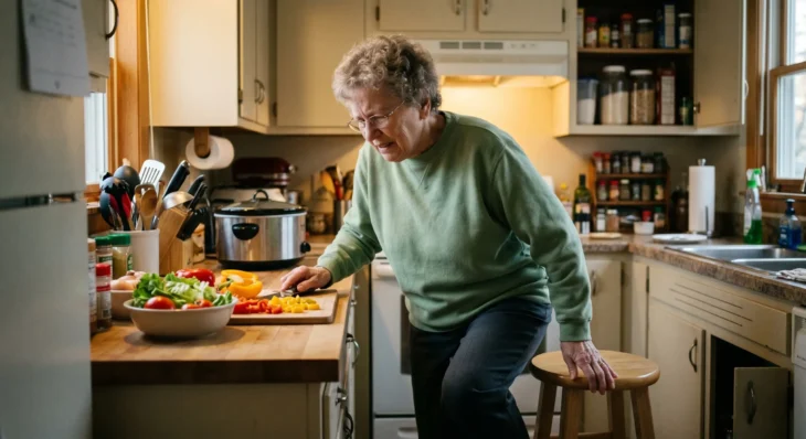 mobility-decline-senior-care-for-elderly-home-assistance-kitchen A medium-range, side-angle composition showing an elderly person in a green sweater leaning with visible physical strain over a wooden kitchen counter. One hand is braced firmly against a round wooden stool for support, while the other manages a knife on a cutting board filled with sliced yellow and red peppers. Soft, warm indoor lighting highlights the textures of the fresh vegetables and the grain of the countertops, casting gentle shadows. The background features slightly blurred kitchenware, including a slow cooker and various labeled spice containers, creating a shallow depth of field that emphasizes the subject's physical effort.