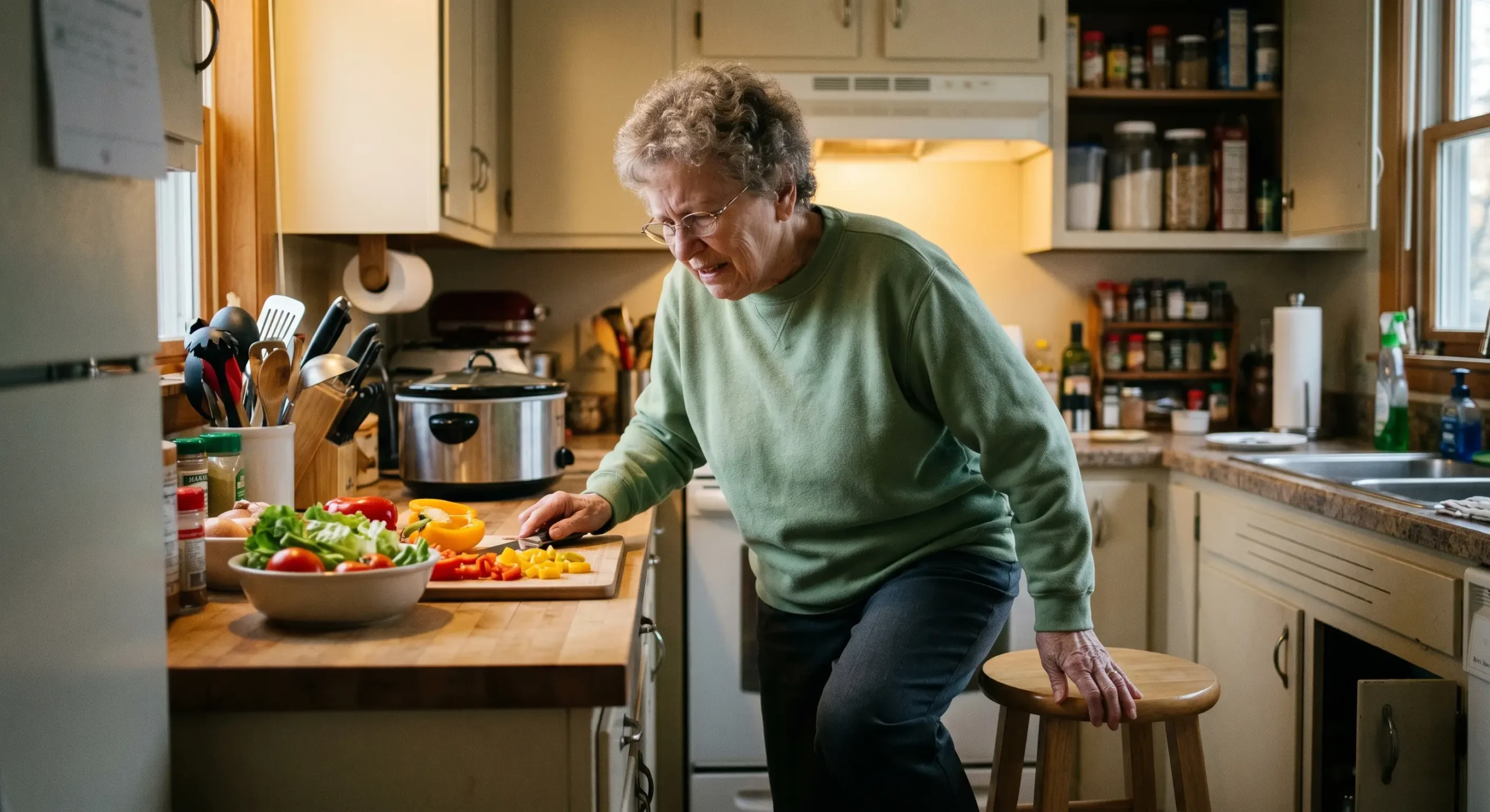 A medium-range, side-angle composition showing an elderly person in a green sweater leaning with visible physical strain over a wooden kitchen counter. One hand is braced firmly against a round wooden stool for support, while the other manages a knife on a cutting board filled with sliced yellow and red peppers. Soft, warm indoor lighting highlights the textures of the fresh vegetables and the grain of the countertops, casting gentle shadows. The background features slightly blurred kitchenware, including a slow cooker and various labeled spice containers, creating a shallow depth of field that emphasizes the subject's physical effort.