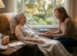 A senior woman with a nasal cannula sits in a green armchair holding hands with a younger caregiver, in a softly lit living room with prescription bottles and a notepad on a side table; large window in the background overlooks a green garden.