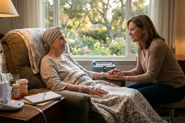 A senior woman with a nasal cannula sits in a green armchair holding hands with a younger caregiver, in a softly lit living room with prescription bottles and a notepad on a side table; large window in the background overlooks a green garden.